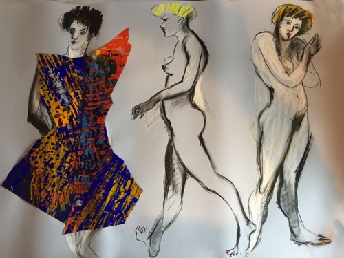 Trio of nudes with painted PVC - 
Life drawing in Caran D'Ache oil pencils
(Ref 14)